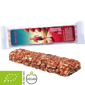 Vegan organic raspberry bar in flowpack packaging with promotional label