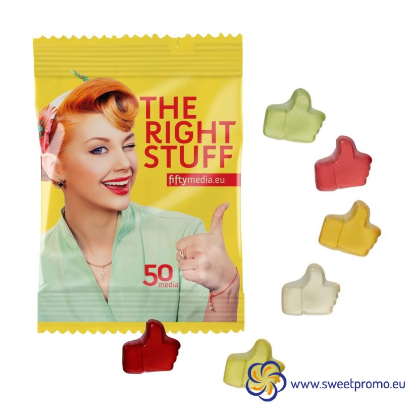 Rubber fruit jelly candies in various shapes (up to 33 options), 10g bag with custom printing, suitable as a small sweet promotional gift for clients and employees